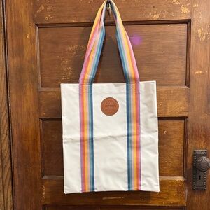 Bath & Body Works White Tote with Rainbow Striped Handles